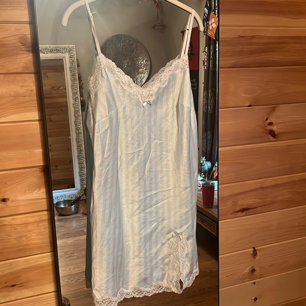Deleting soon.  Light blue and white stripes with lace chemise / slip / nightie.